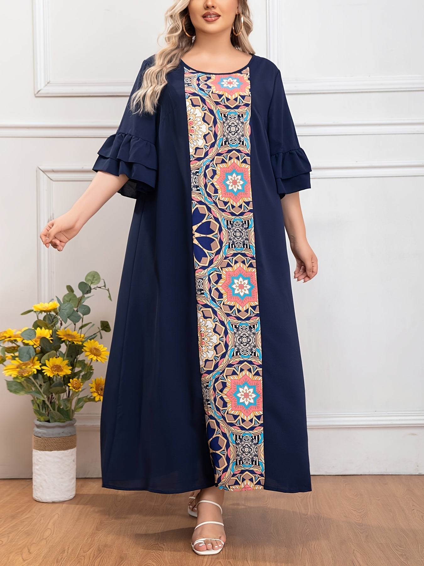 Plus o'lcham ayollar uchun erkin fitli krepe kiyi bilan yorqin bosma, barcha mavsumlar uchun qulaylik