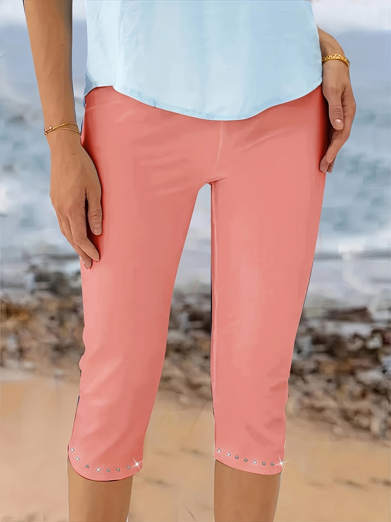 Plus Size Rhinestone Decor Capri Leggings High Waist Stretchy Spring Summer Women