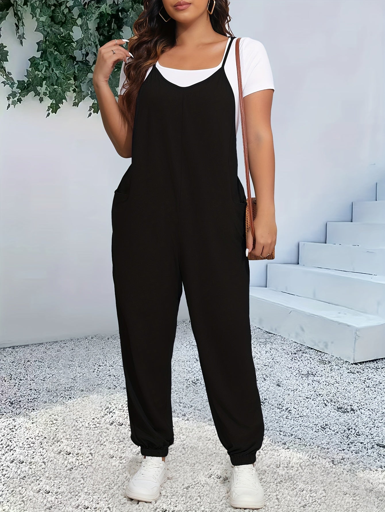 Plus Size Casual V-Neck Jumpsuit with Pockets Polyester Knit Spring Summer Fall