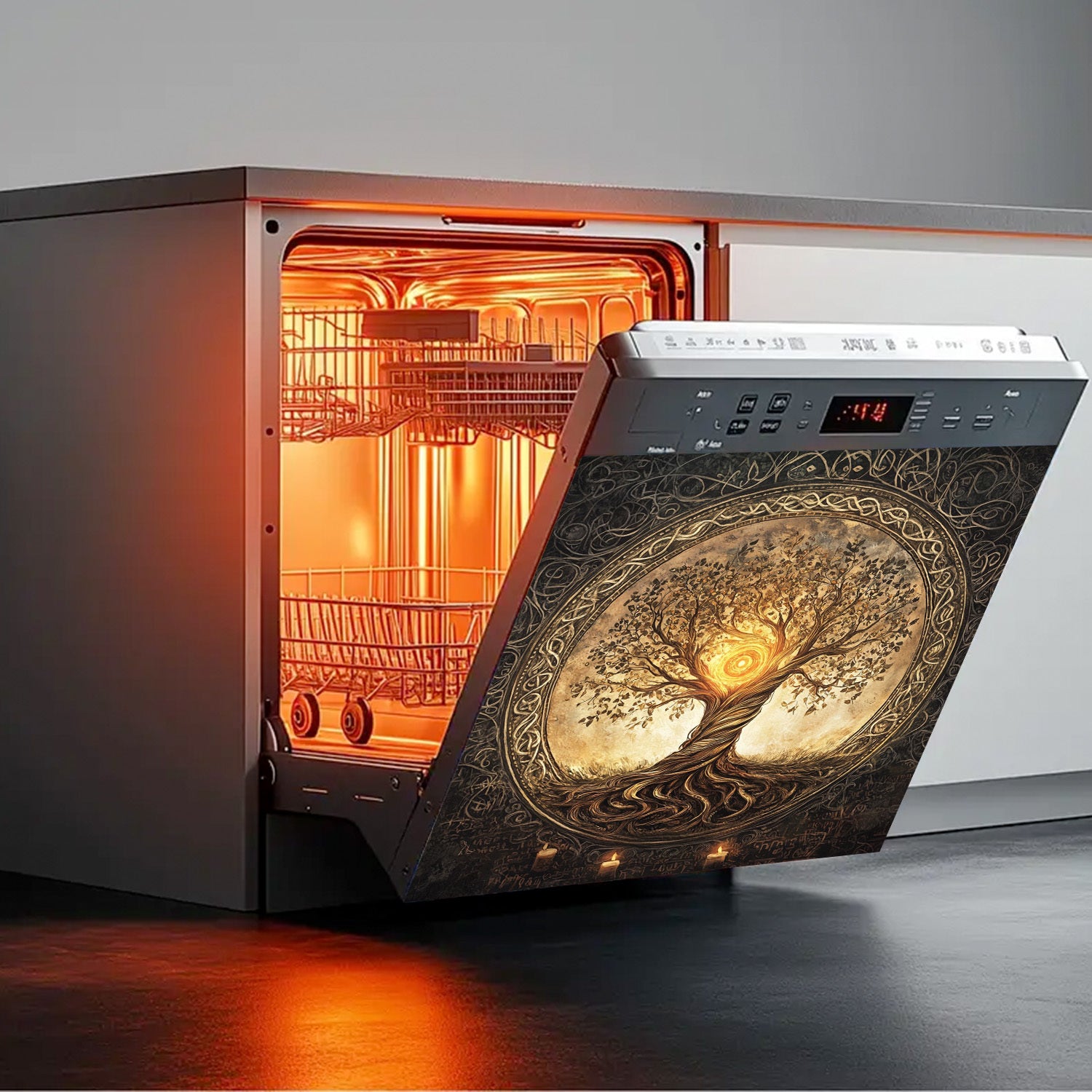 Magnitli idish-tovoq yopishqoq stiker, suv o'tkazmaydigan, issiqlikka chidamli, metall paneli, daraxt dizayni