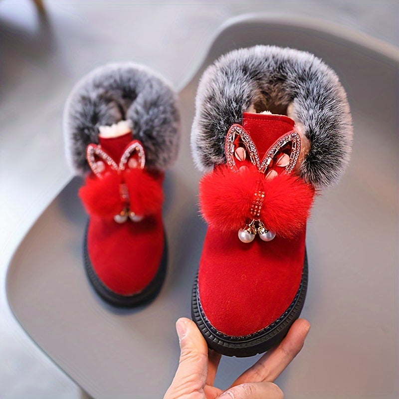Baby Girls Snow Boots with Rabbit Ears Fleece Warm Outdoor Winter Hiking Shoes