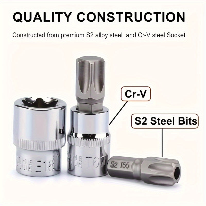 34-Piece E-Torx Star Socket Set Chrome Vanadium Steel Durable Tools