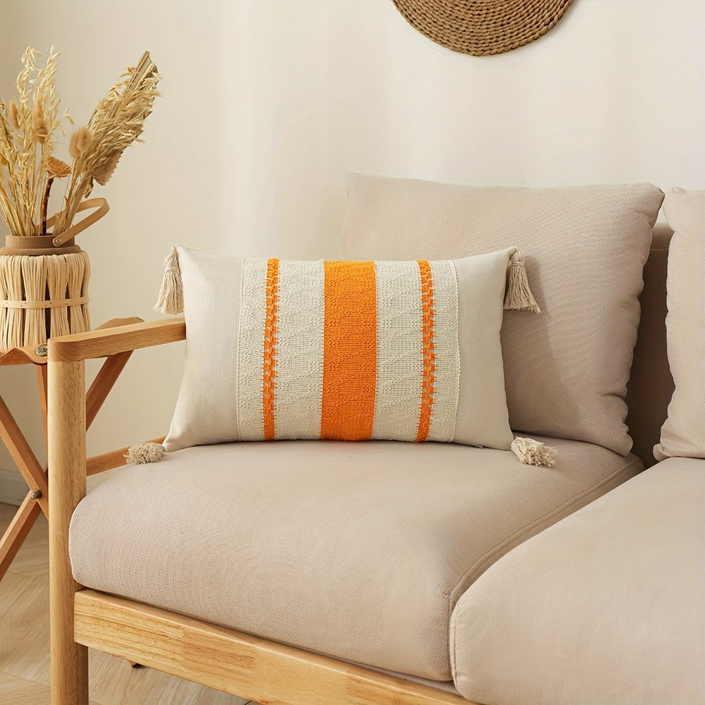 Bohemian Fringe Pillow Cover Geometric Pattern Orange Beige White Cushion Case for Sofa Decor