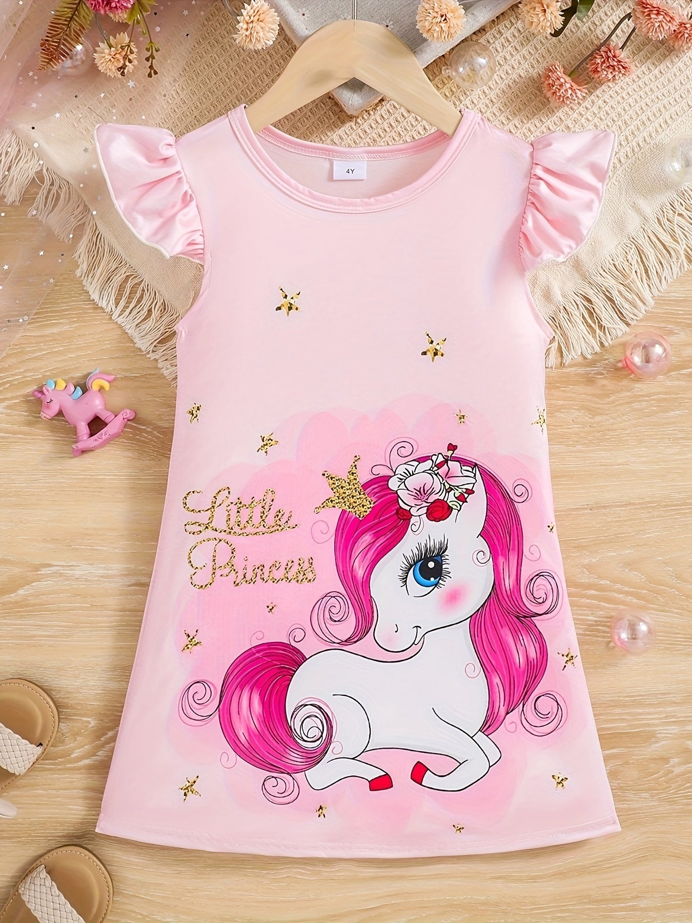 Girls' Polyester Unicorn Dress with Flutter Trim for Spring and Summer