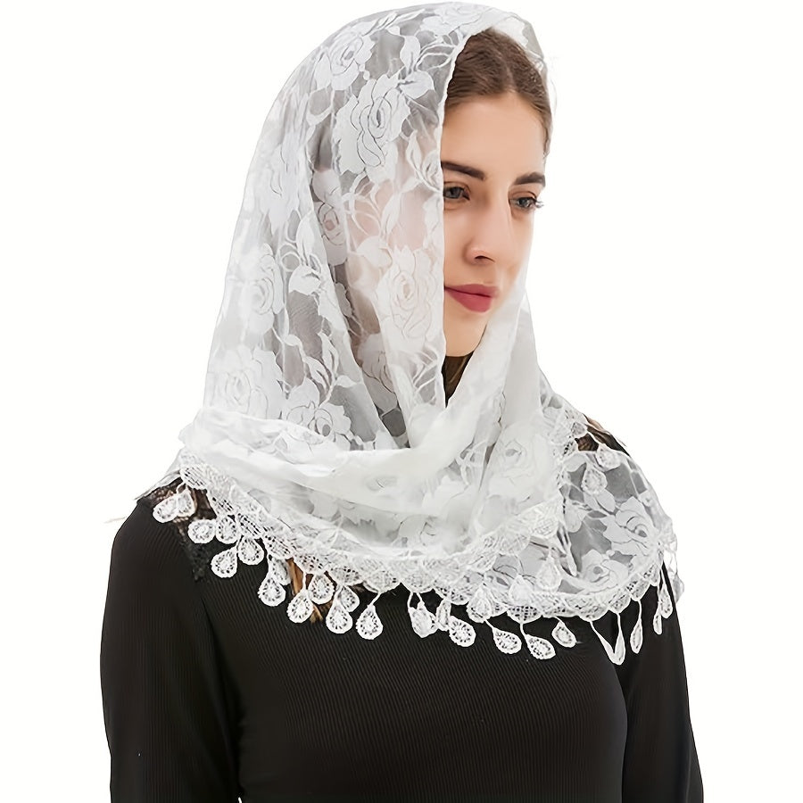 Women's Lace Shawl Triangular Mantilla Veil for Ceremonies with Tassel Accents