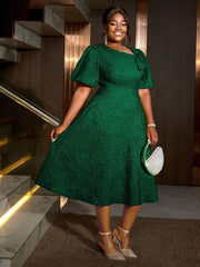 Plus Size Women's Rose Jacquard Flared Sleeve A-Line Skirt Dress for Parties