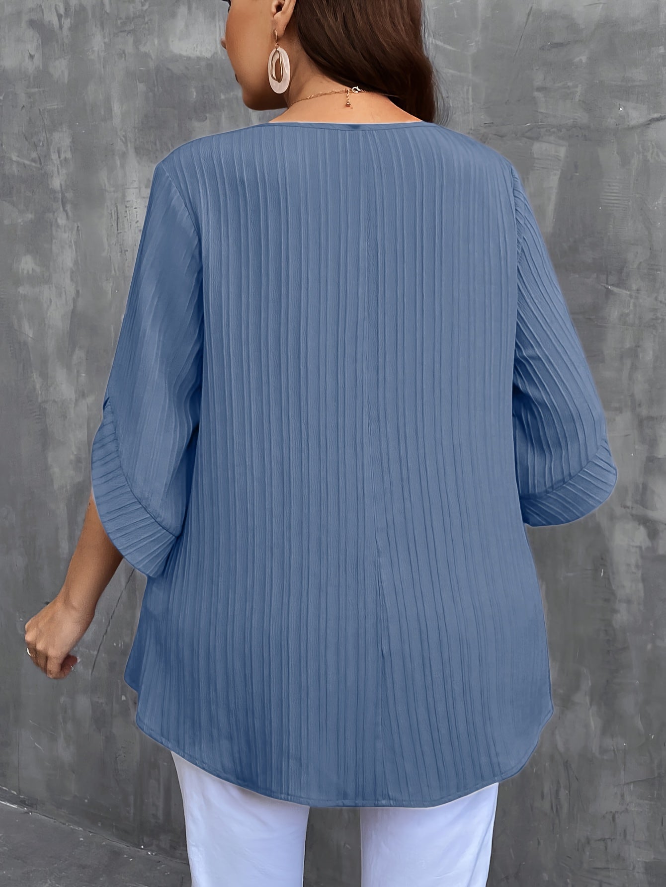 Plus Size Women's Green Button-Up Blouse Casual Short Sleeve Ruched Lightweight Polyester