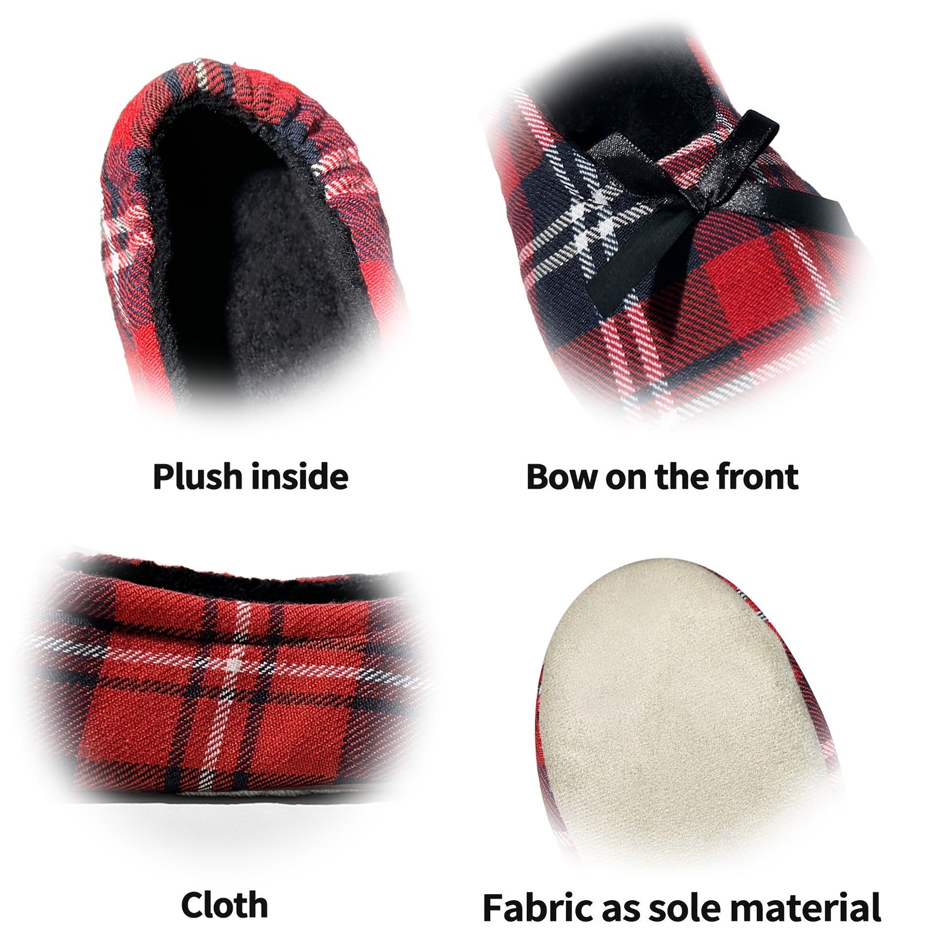 Zapatos planos de ballet de cuadros rojos para mujer con lazo, zapatos cómodos sin cordones