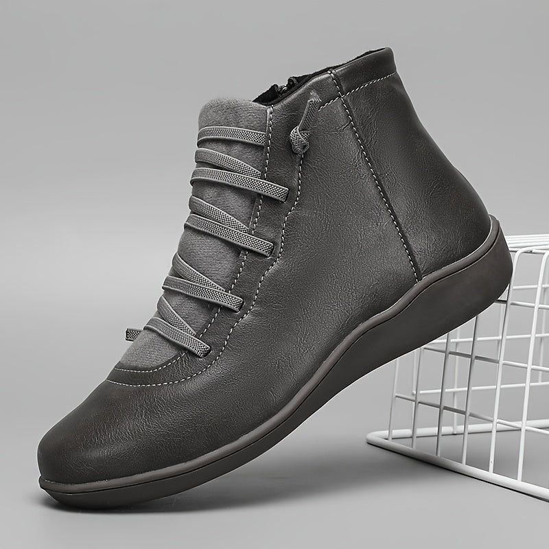 Women's Casual Ankle Boots Brown PU Low Heel Round Toe Lace-Up