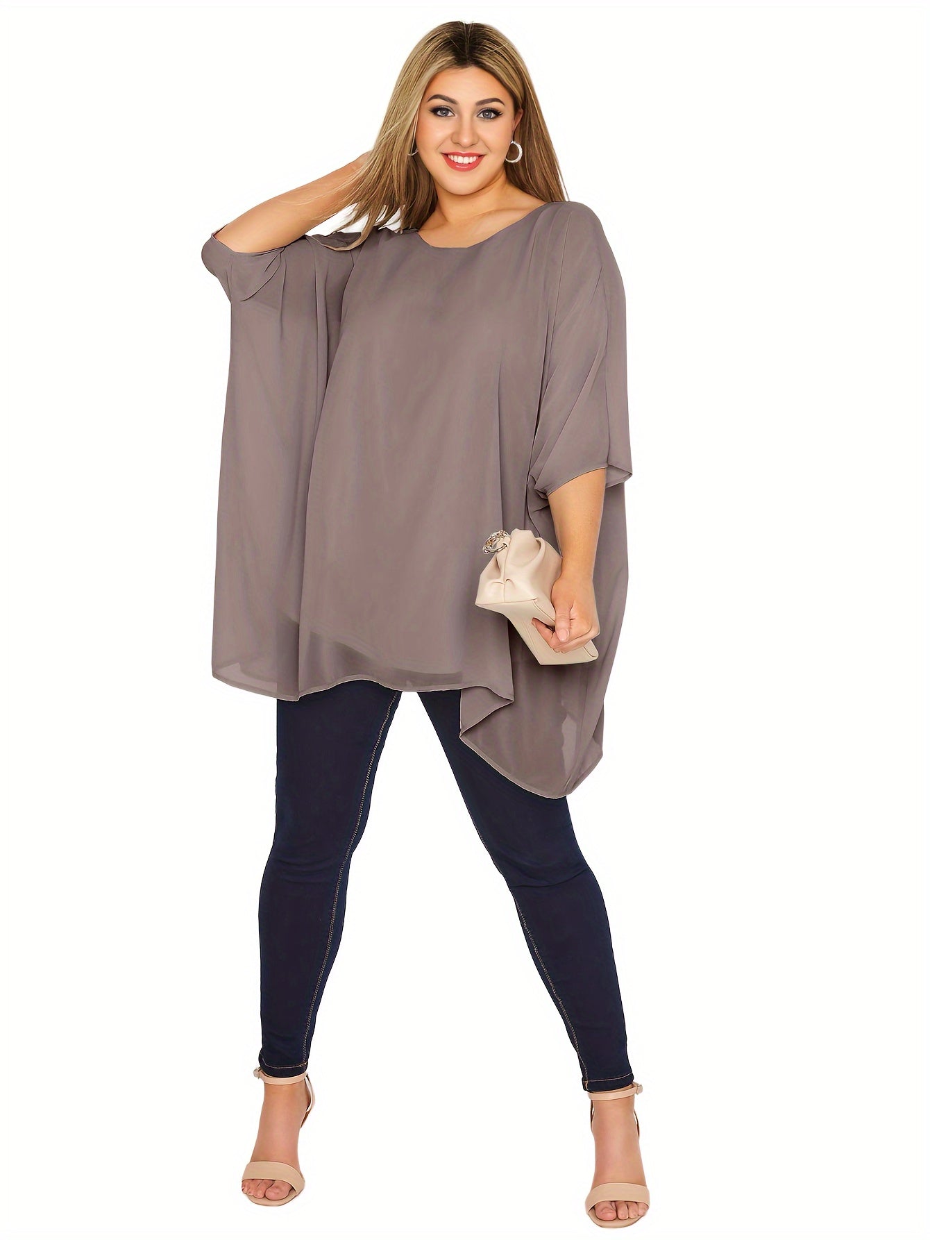 Plus Size Women's Batwing Sleeve Casual Crew Neck Solid Top