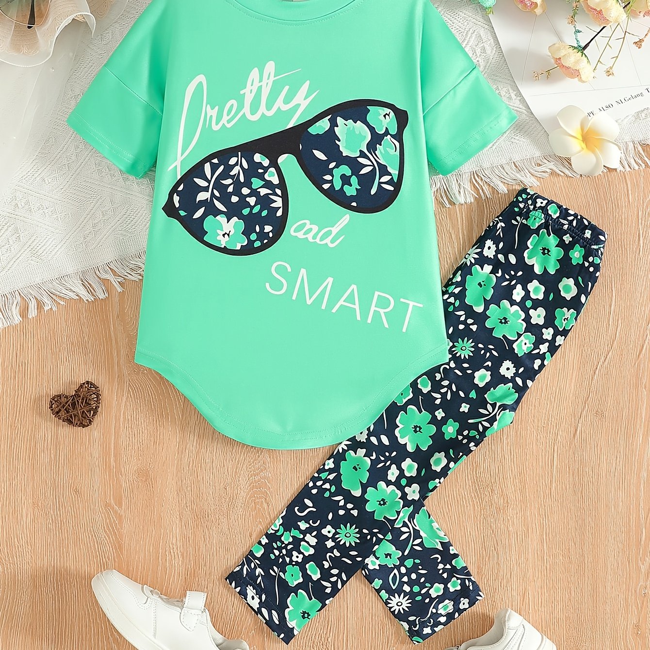 Girls Party T-Shirt Set with Floral Print Drop Shoulder Short Sleeve Cropped Jegging Pants for Girls 12 and Under