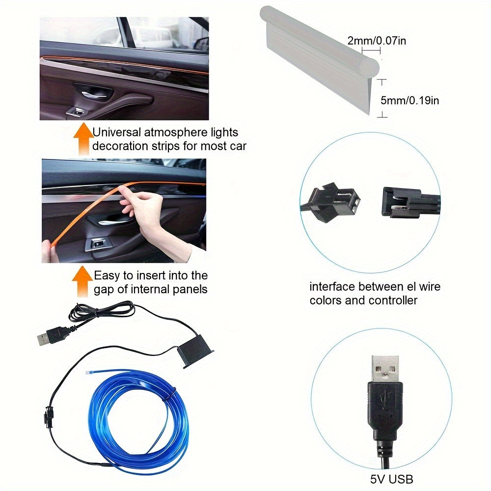 Tira de luz de neón USB flexible para coches azul 3m 118in a 5m 197in