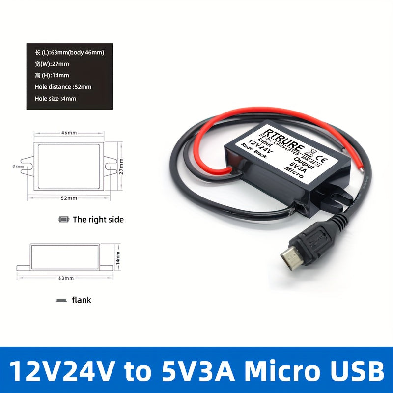 Adaptador de corriente para coche DC Convierte 12V/24V a 5V 3A Cargador de coche USB-C Micro USB