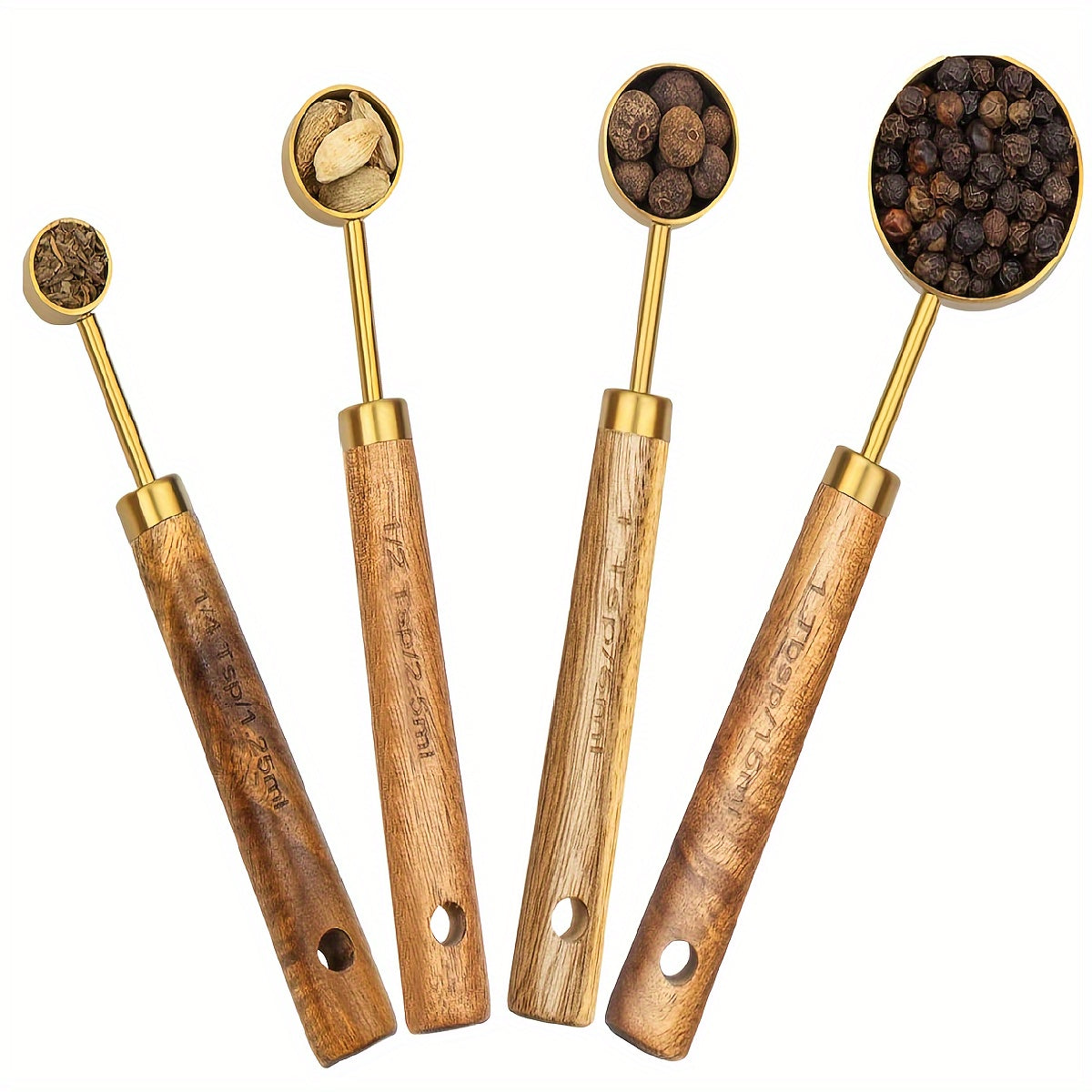 Golden Measuring Cup and Spoon Set with Wooden Handles, Durable Metal, Accurate Measurements