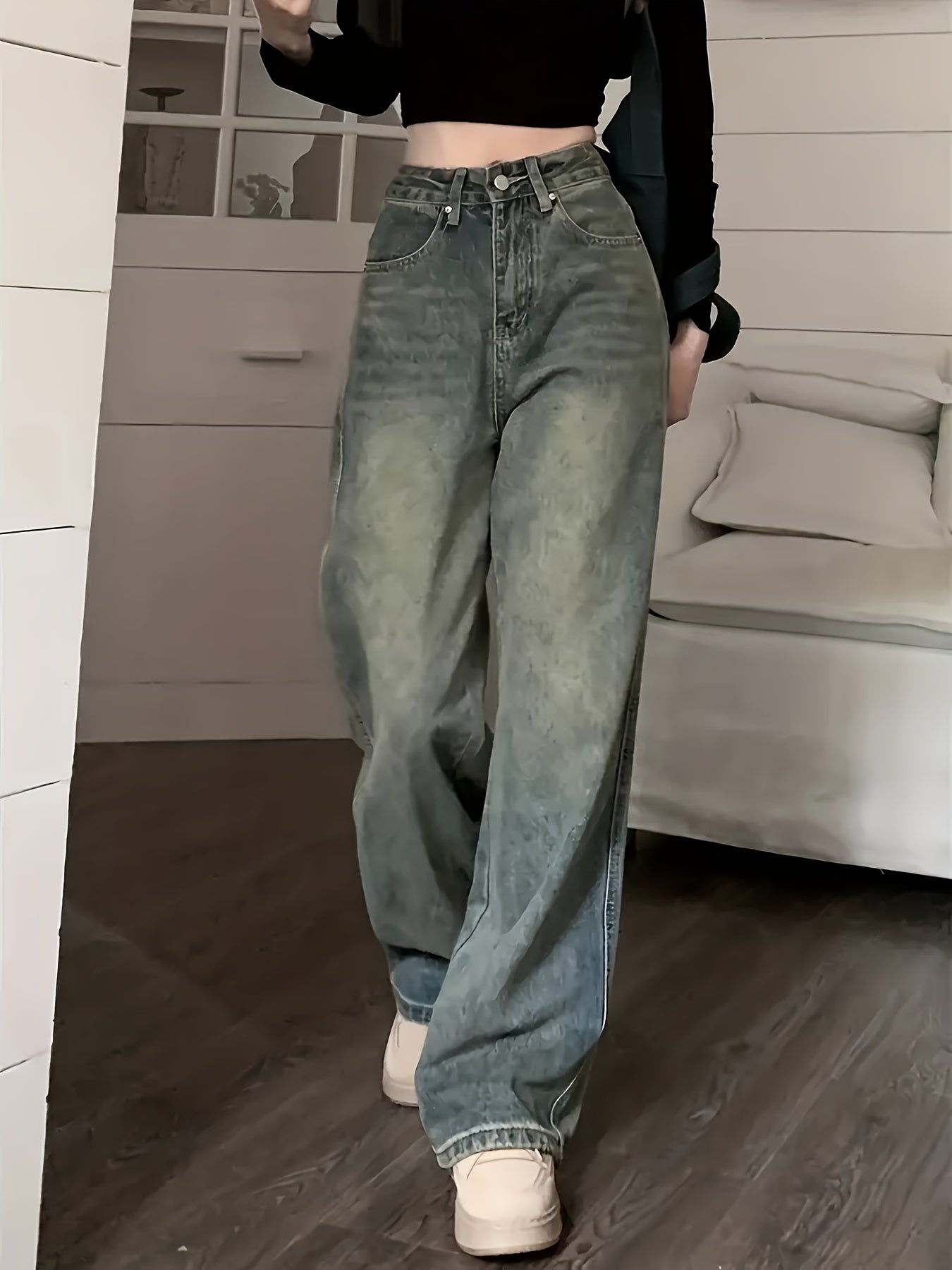 Women's Wide Leg Jeans with Slant Pockets Vintage Denim Pants Casual Streetwear
