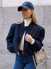 Women's Polyester Casual Bomber Jacket with Stand Collar and Large Pockets for Spring Fall