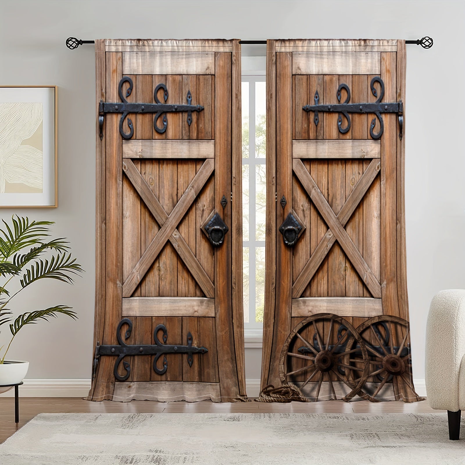 Set of 2 Rustic Wooden Door Printed Curtains for Bedroom Living Room Office Kitchen Window Treatments