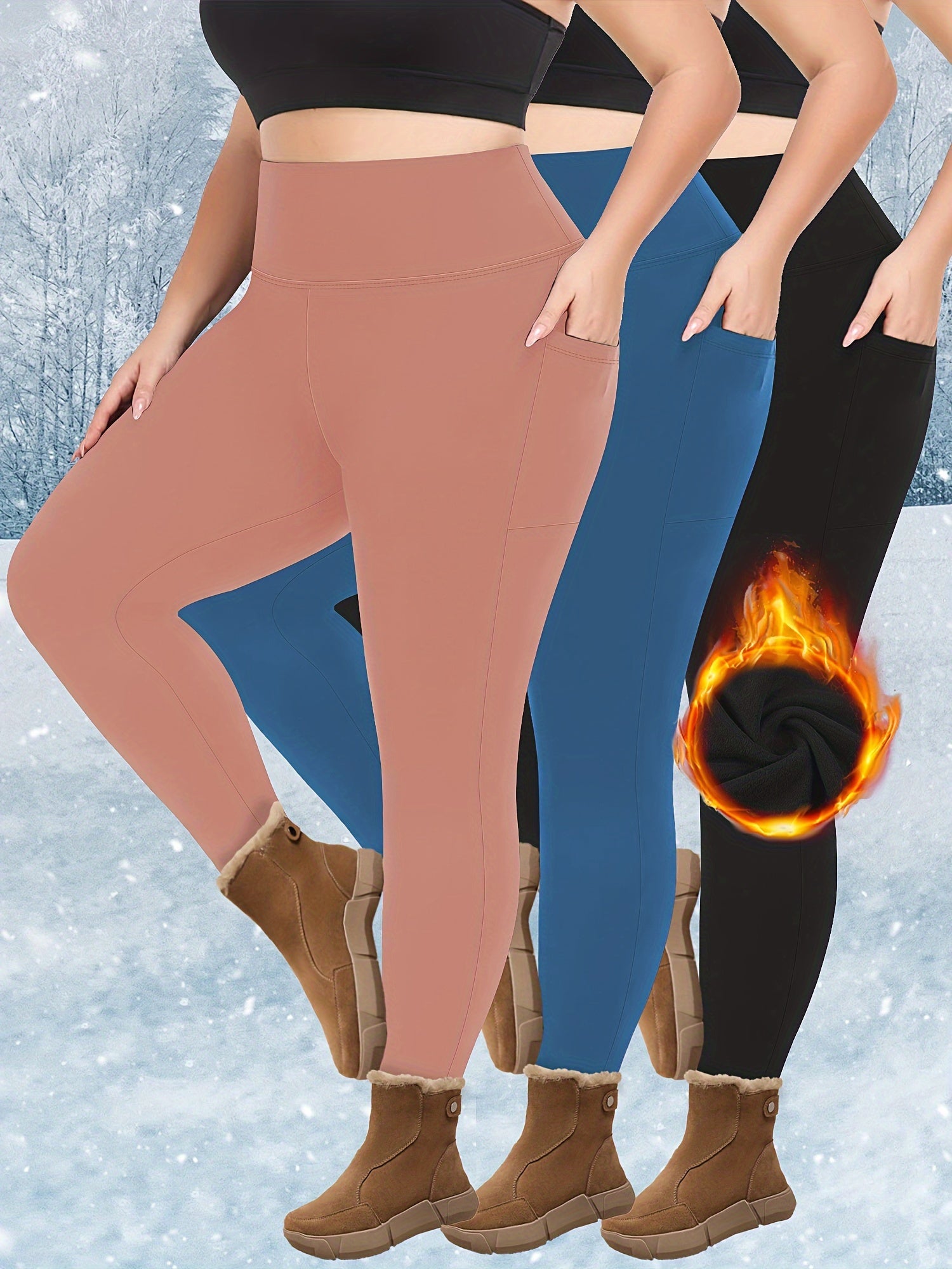 Plus Size Fleece-Lined Leggings High Waist Pockets Knit Solid Color