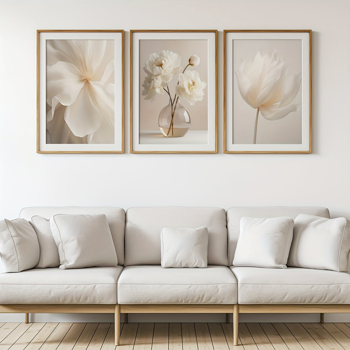Set of 3 White Peony Flower Wall Art Prints Canvas Modern Minimalist Neutral Decor