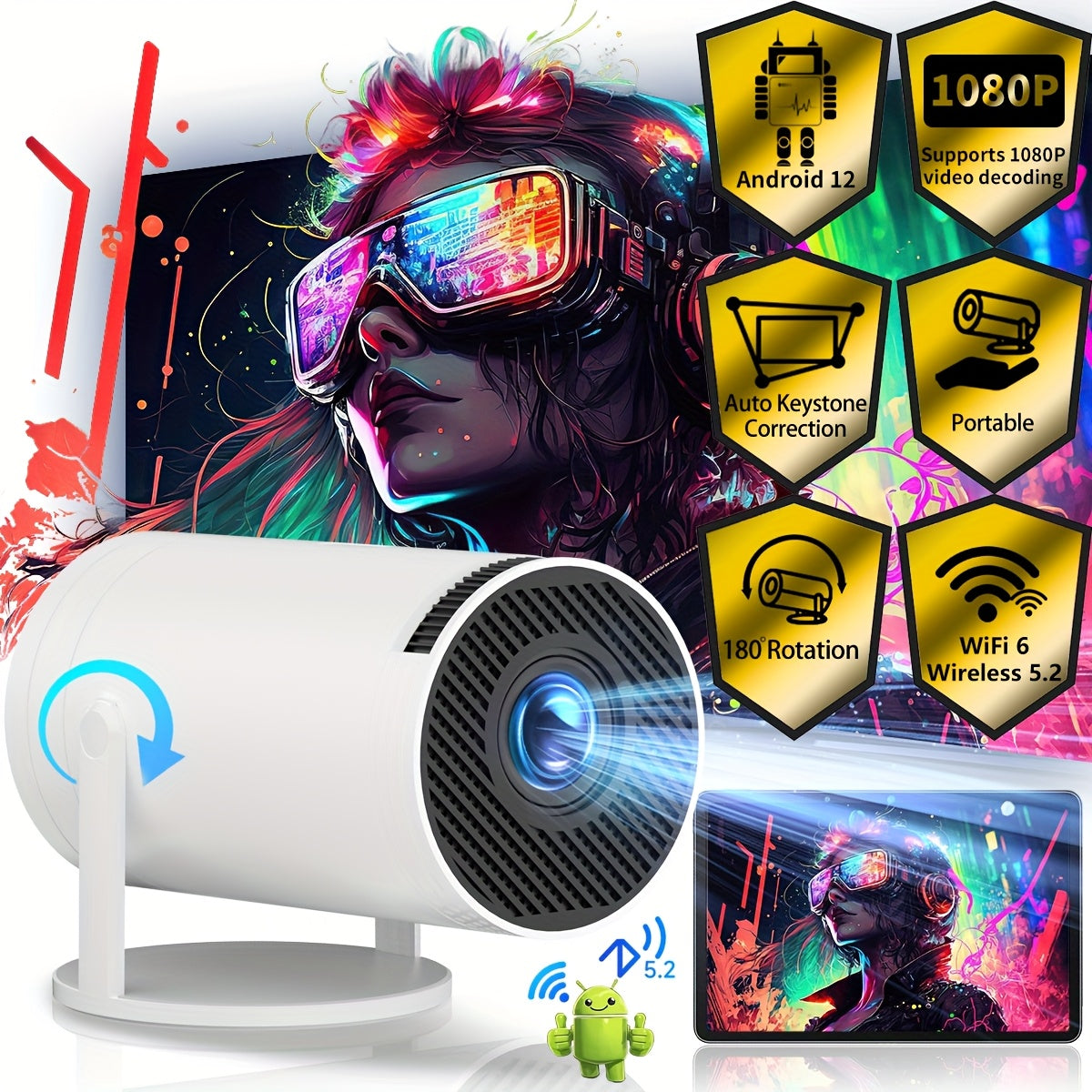 Mini Wireless Portable Projector with WiFi 6 1080P Support for Phone PC