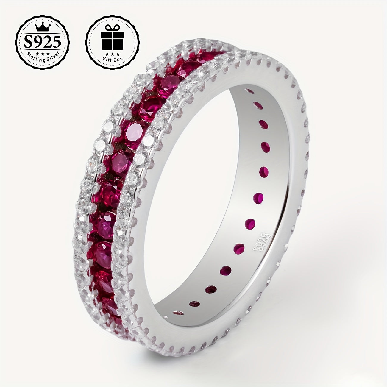 Sterling Silver Princess Cut Full Eternity Band, Minimalist va Stylish, Sun'iy Ruby va Flower Zirconia Pave Ring ayollar uchun