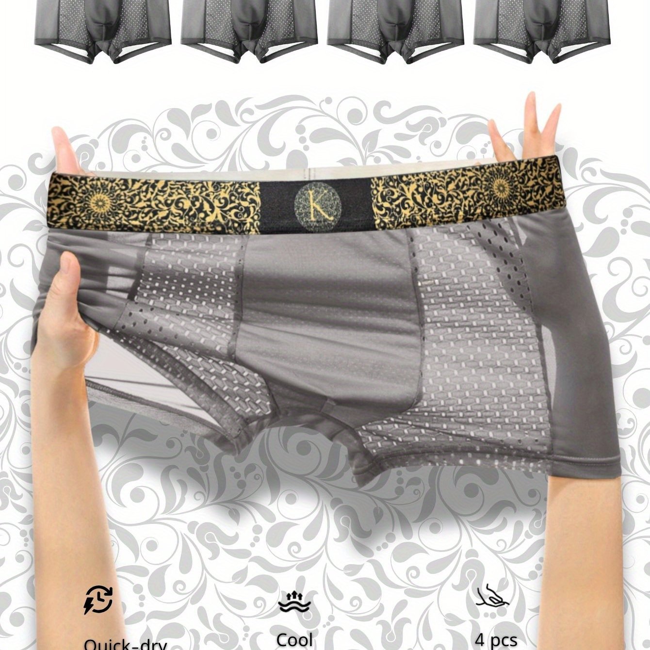 Erkaklar uchun Lüks Barok uslubidagi boxer qisqa shimlar, 4 dona, Muzli Silky Salqin va Havo o'tkazuvchi, Tez quriydigan, Ultra-ingichka, Ommabop oltin belbog' bilan, qora, qora kulrang, och kulrang va osmon ranglarida mavjud.