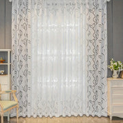 White Sheer Curtain with Leaf Design, Bark Texture Fabric, Rod Pocket Top
