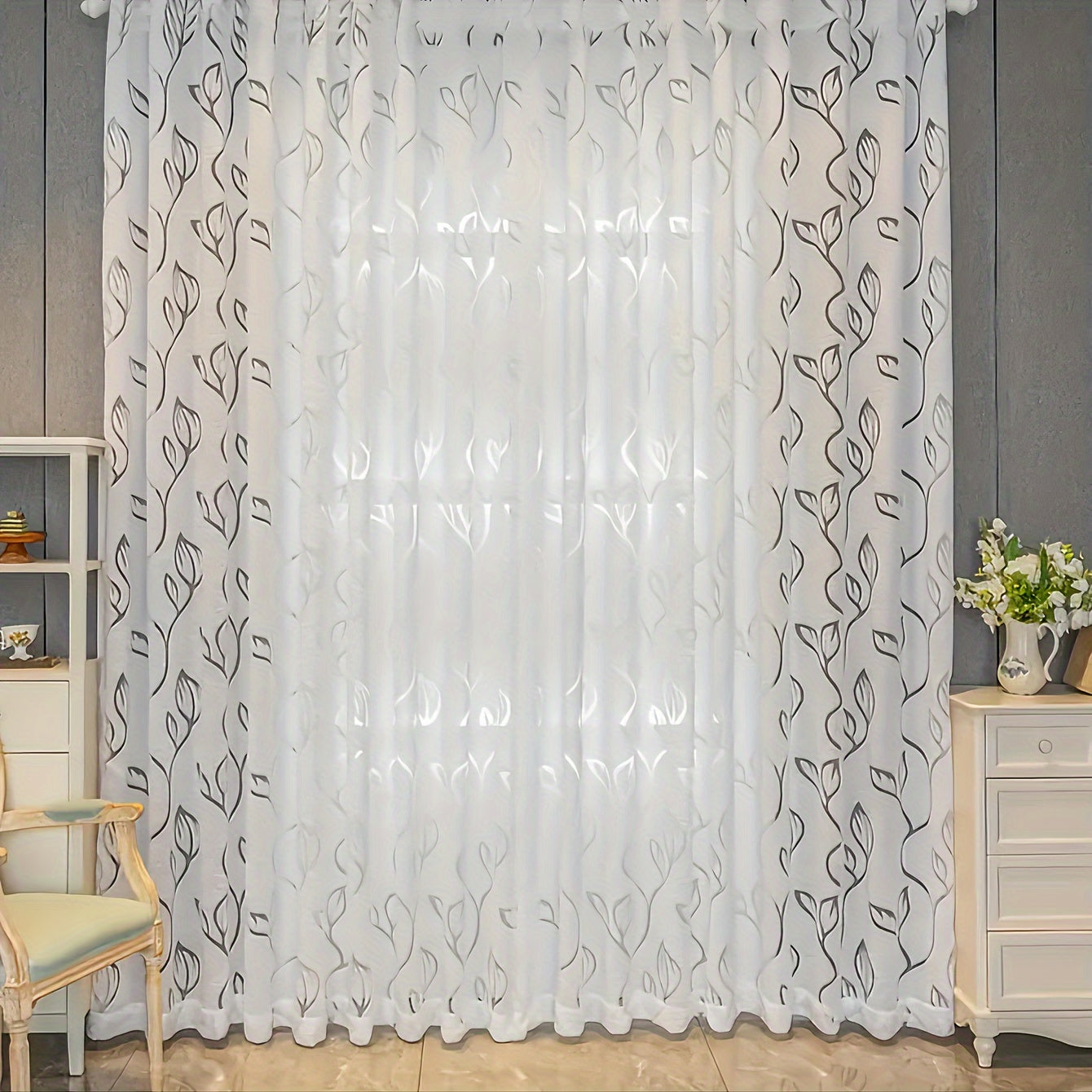 White Sheer Curtain with Leaf Design, Bark Texture Fabric, Rod Pocket Top