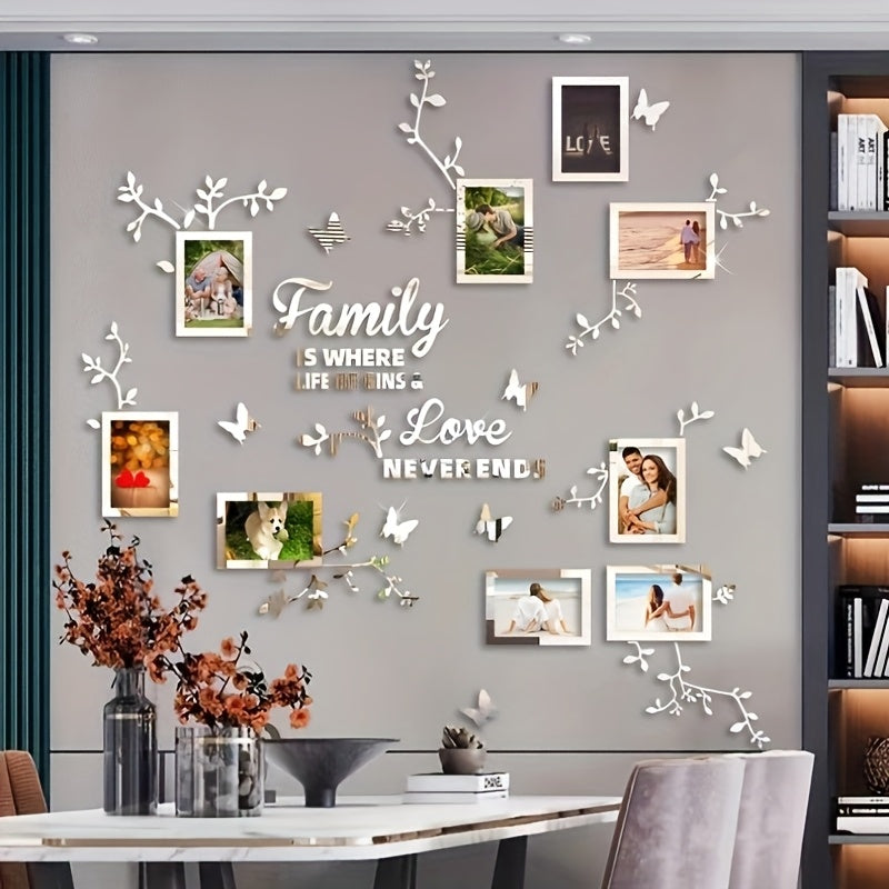 Acrylic Wall Decor Stickers Set with Flower Branches Butterflies and Photo Frames for DIY Home Office Wall Decoration