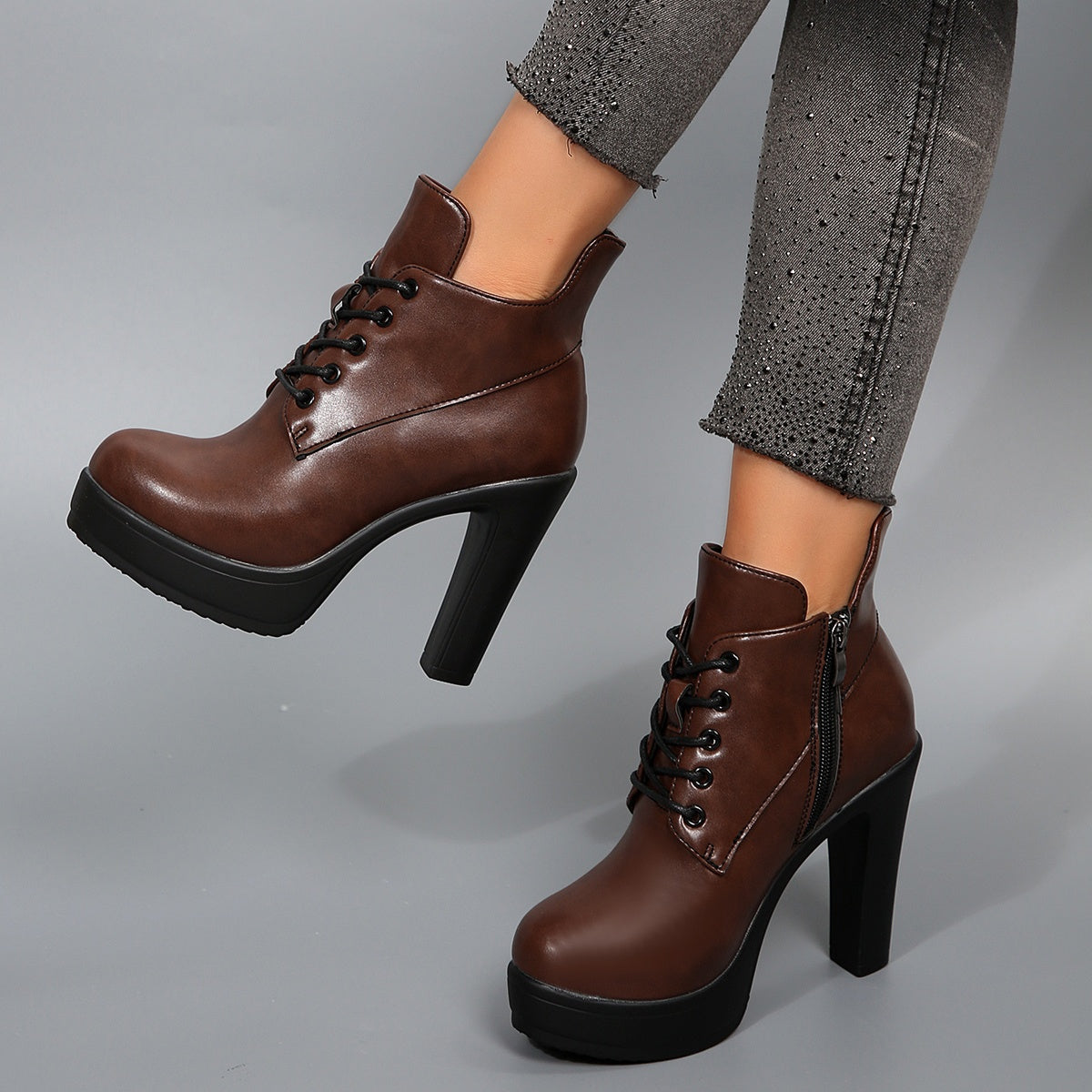 Women’s Black PU Platform Ankle Boots with Zipper, High Heel, Casual or Dress