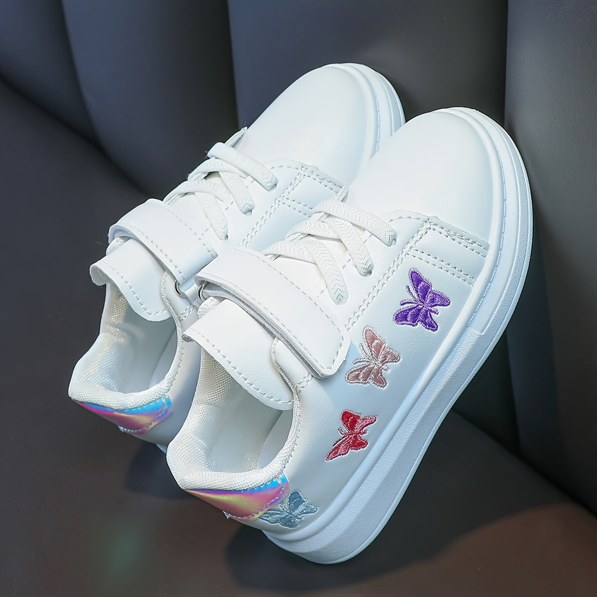 Girls White Sneakers with Strap Embroidered Butterfly Low Top Rubber Sole