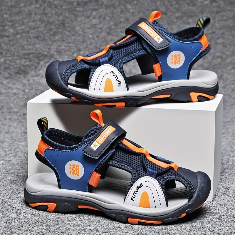 Kids Boys Blue and Orange Breathable Mesh Casual Sandals with Non-Slip Sole and Adjustable Strap