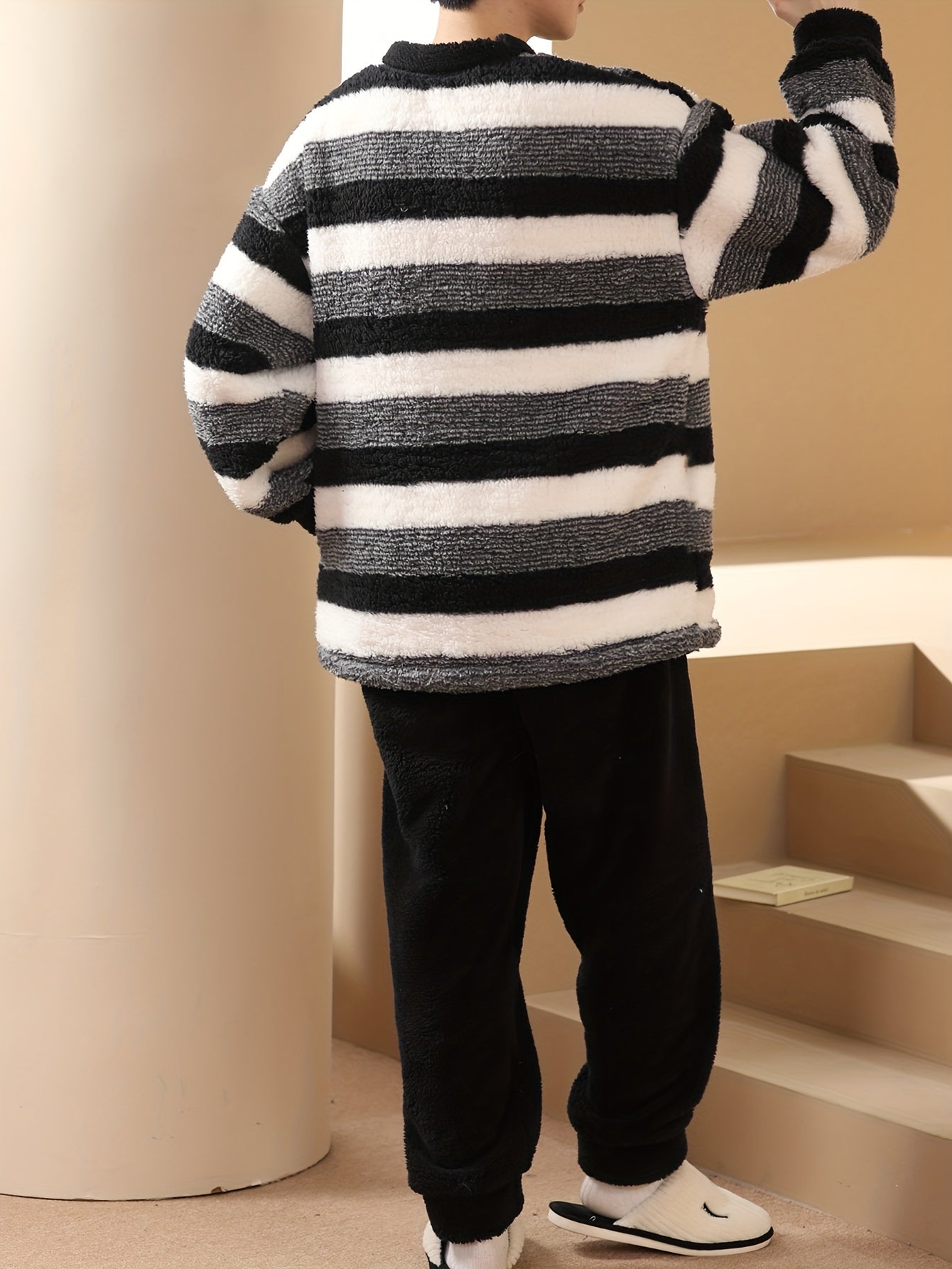Men's Flannel Pajama Set with Striped Top and Loose Pants for Winter Lounge