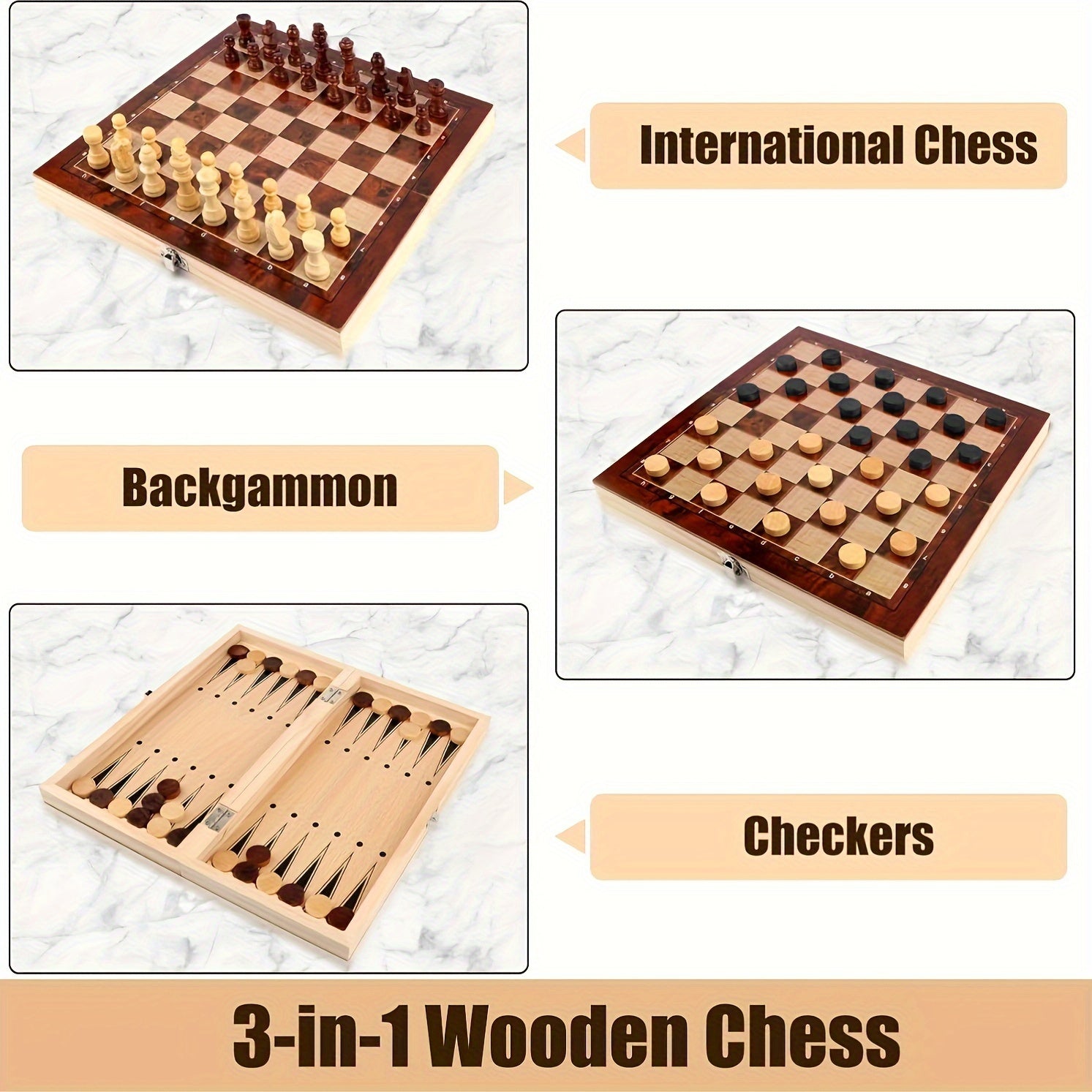 Wooden 3-in-1 Strategy Board Game Set for Adults and Teens 14 Plus Portable Foldable Travel