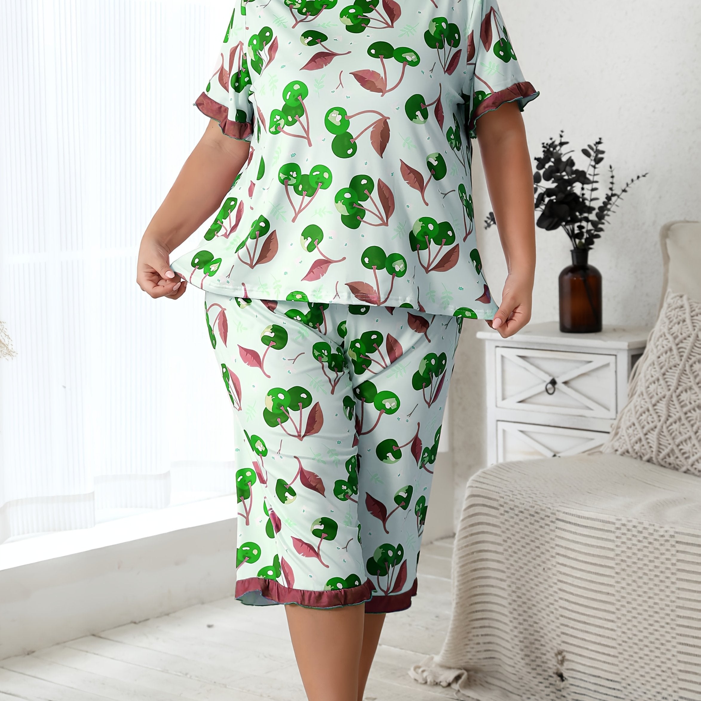 Women's Cherry Print Loungewear Set with Ruffled Sleeves and Cropped Pants