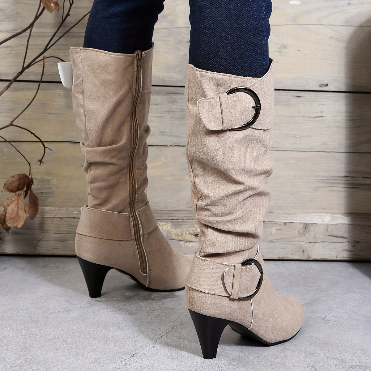 Women Beige Faux Cover Ankle Boots with Buckle Zipper 7cm Chunky Heel