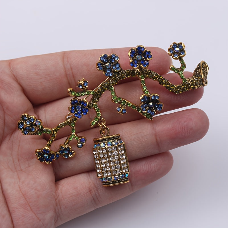 Vintage Silver Tone Plum Blossom Brooch with Rhinestone Details for Women