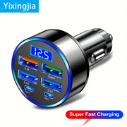 Digital Display Car Charger Dual PD Fast Charging 6-in-1 Multi-Function