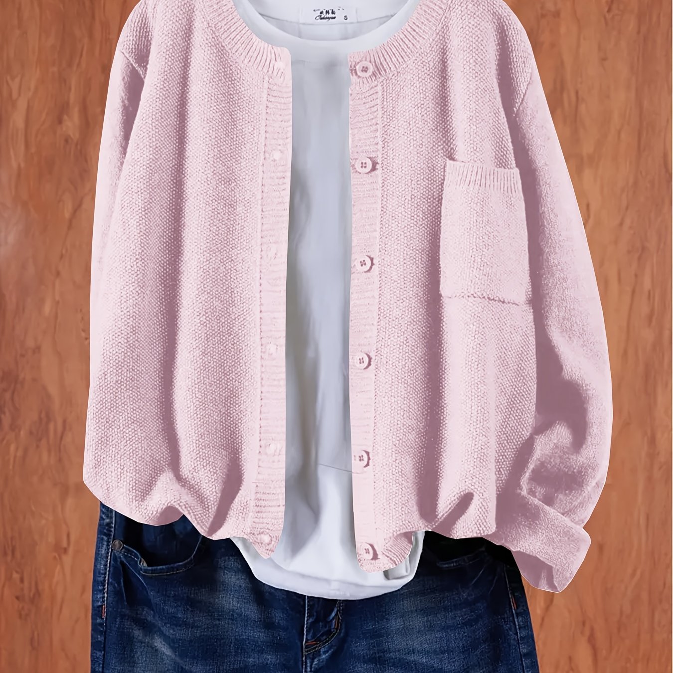 Cárdigan casual de punto para mujer talla grande rosa con botones y bolsillos