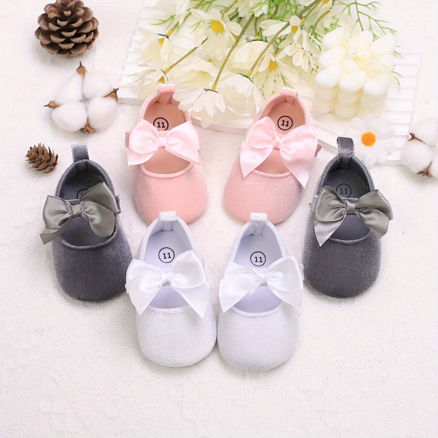 Baby Girl Walking Shoes Non-Slip Mary Jane Bowknot Fabric Comfortable Flexible Sole Pink Gray White