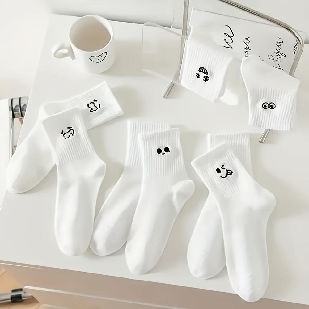 Women’s Cartoon Pattern Knee-High Socks 5 Pairs Mid-Calf Hosiery