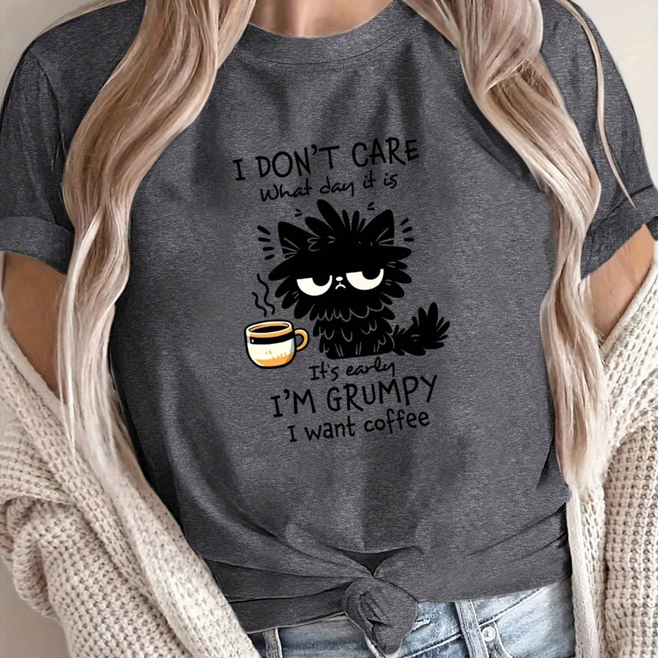Women's Grumpy Coffee Graphic T-Shirt Soft Polyester Casual Short Sleeve