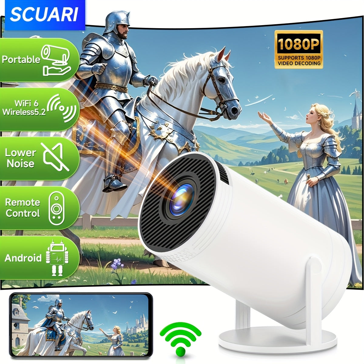 Mini LED Portable Video Projector 1080P WiFi6 5.2 Android 180° Flip