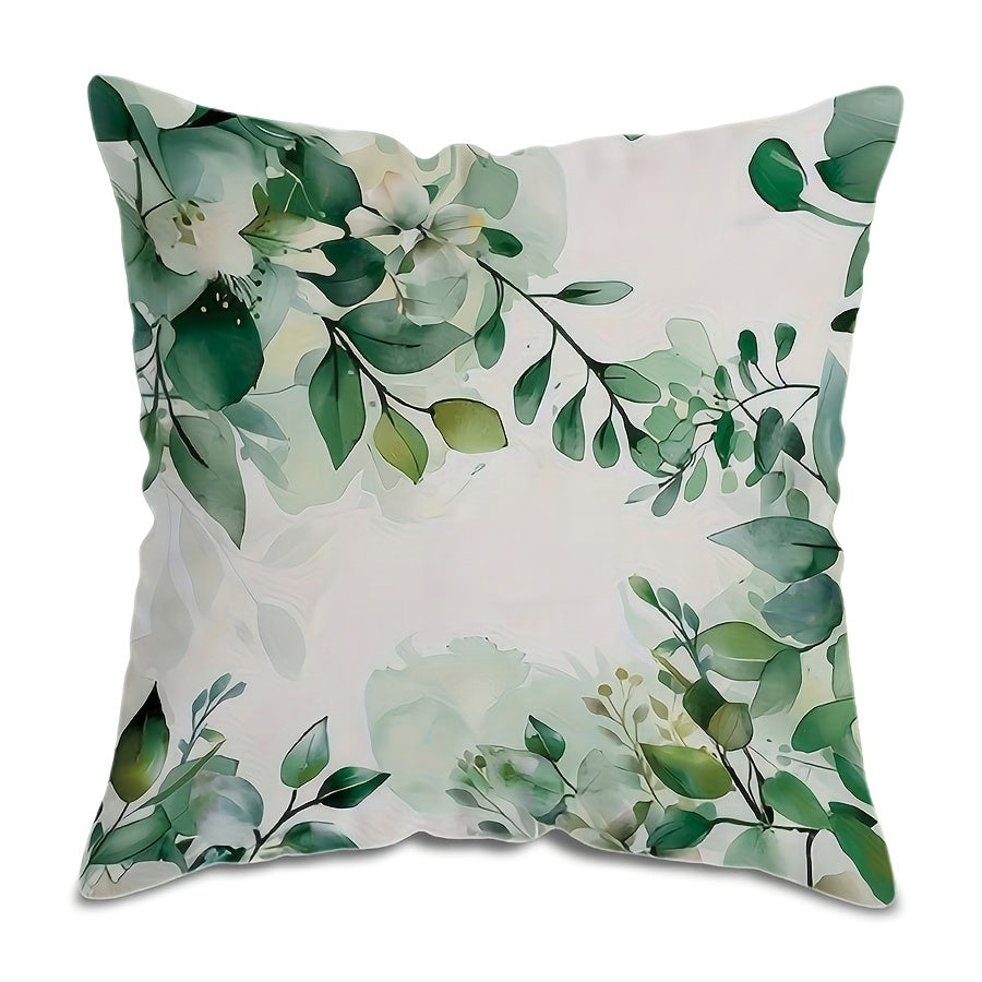 Polyester Throw Pillow Cover with Green and White Leaf Design 45cm x 45cm Machine Washable