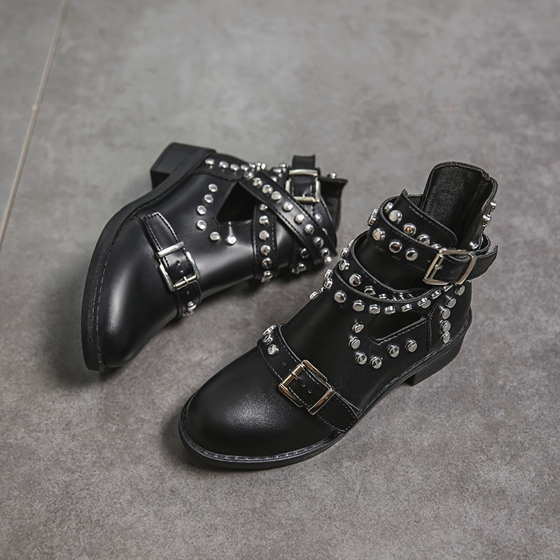 Women's Black Studded Ankle Boots with Chunky Heel and Buckle Details