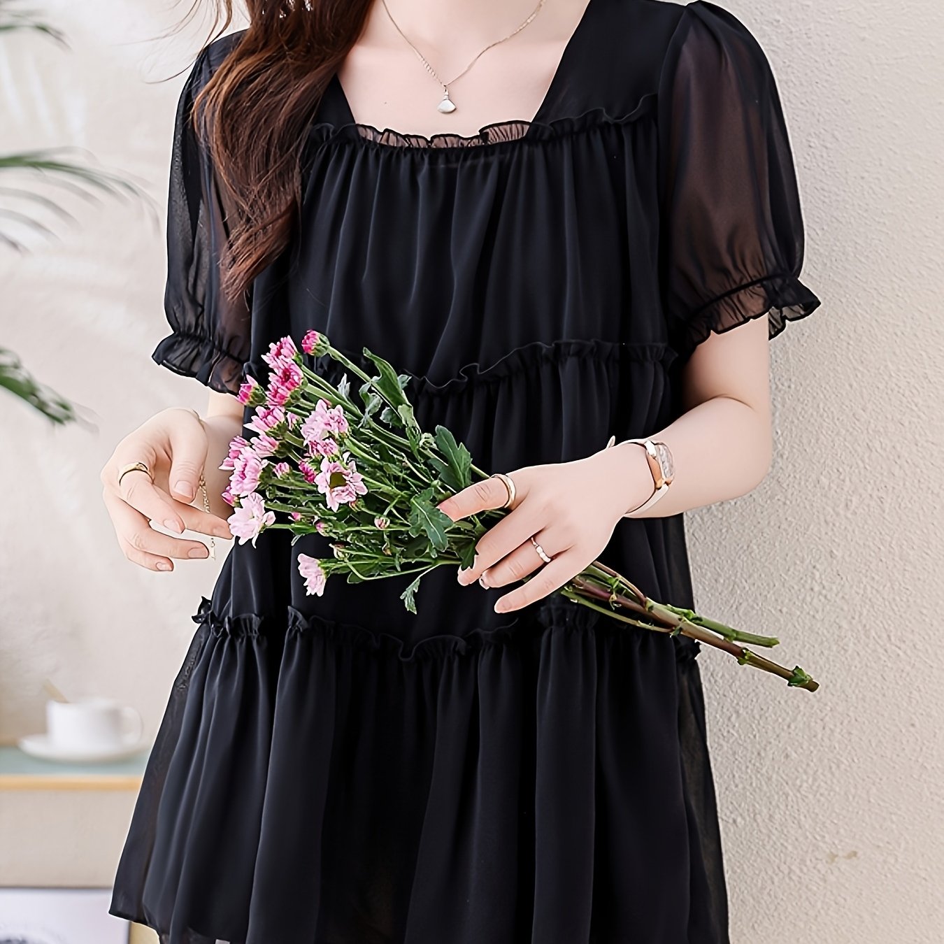 Women's Plus Size Chiffon Blouse Black Short Sleeve Casual Top