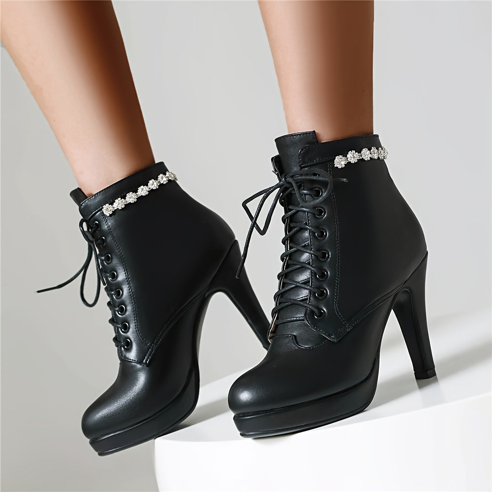 Women High Heel Booties with Lace-Up Closure Rhinestone Chain Winter Dress