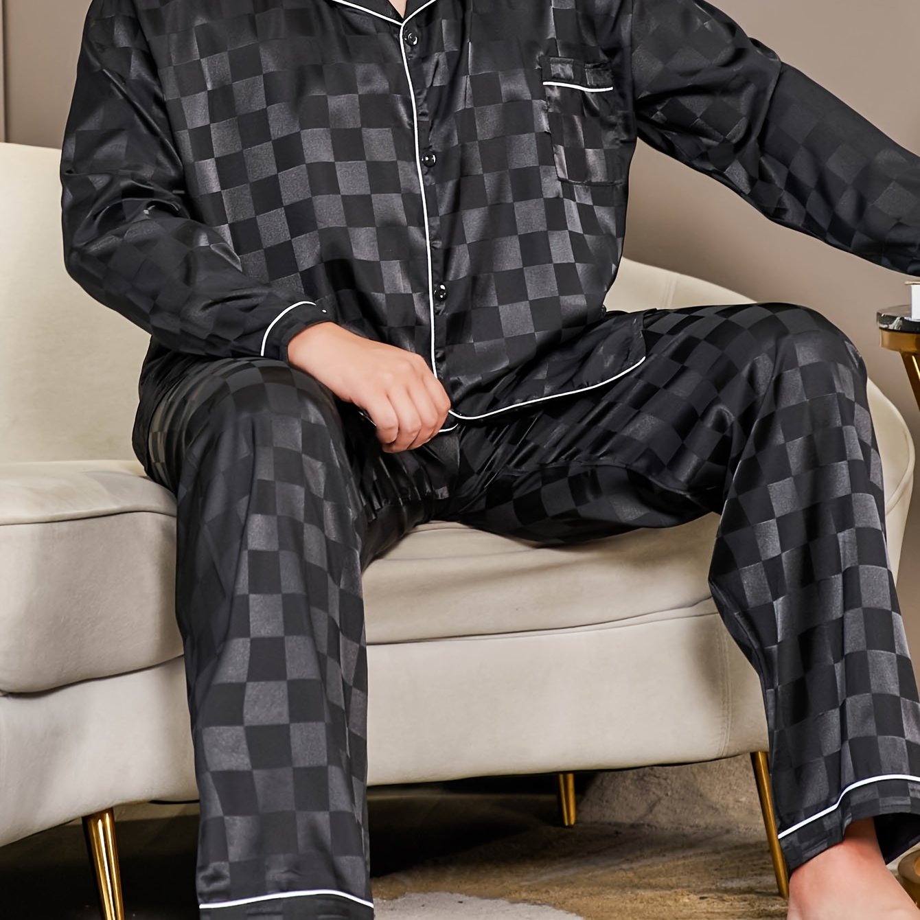 Conjunto de pijama de jacquard a cuadros casual para hombre, con camisa de manga larga y pantalones de cintura elástica, para todas las estaciones, tallas grandes