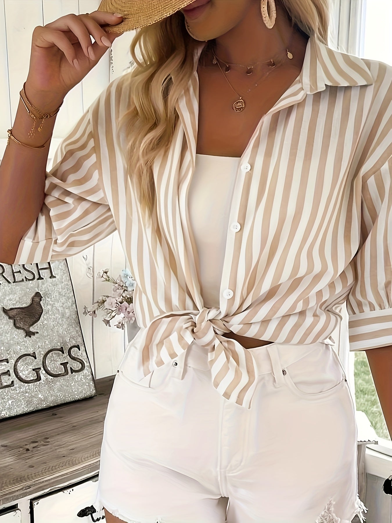 Women Plus Size Striped Short Sleeve Button-Up Shirt Pink White Casual Spring Summer