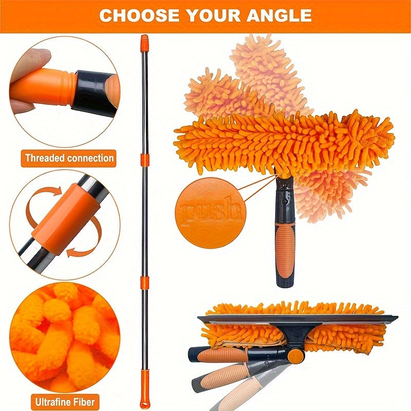 2-in-1 Window Cleaning Kit Telescopic Handle Microfiber Squeegee Orange